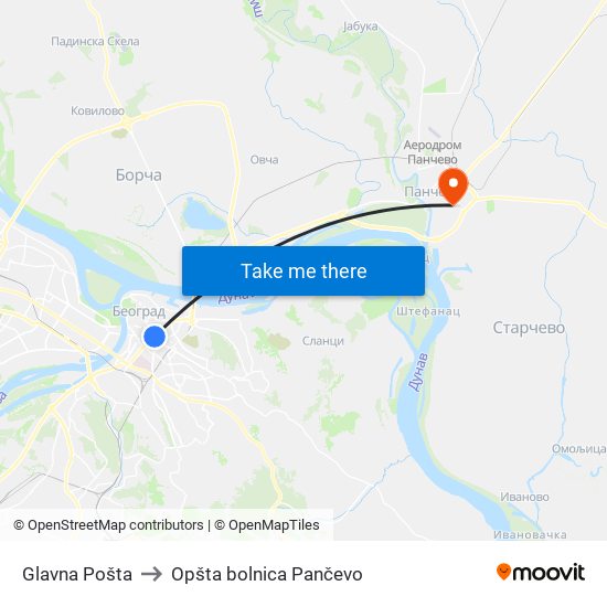 Glavna Pošta to Opšta bolnica Pančevo map