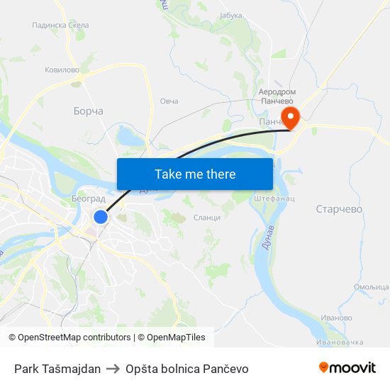 Park Tašmajdan to Opšta bolnica Pančevo map