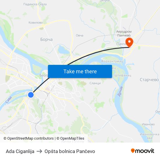 Ada Ciganlija to Opšta bolnica Pančevo map