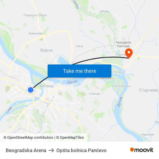 Beogradska Arena to Opšta bolnica Pančevo map