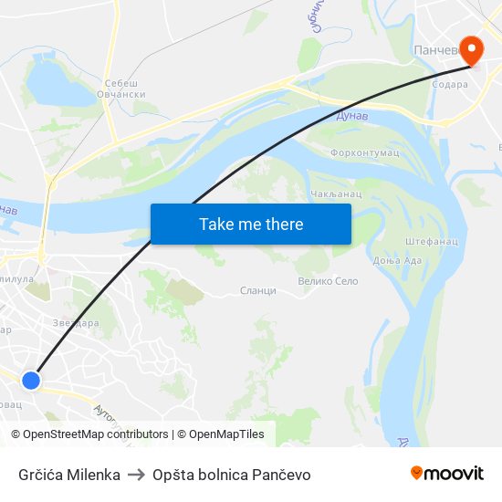 Grčića Milenka to Opšta bolnica Pančevo map