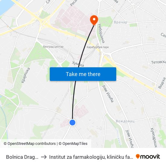 Bolnica Dragiša Mišović to Institut za farmakologiju, kliničku farmakologiju i toksikologiju map