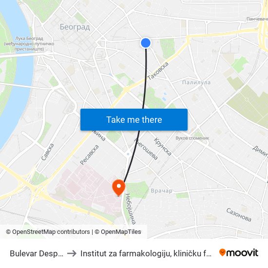 Bulevar Despota Stefana to Institut za farmakologiju, kliničku farmakologiju i toksikologiju map