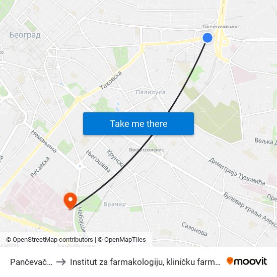 Pančevački Most to Institut za farmakologiju, kliničku farmakologiju i toksikologiju map