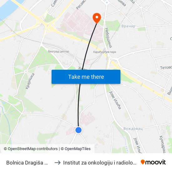 Bolnica Dragiša Mišović to Institut za onkologiju i radiologiju Srbije map