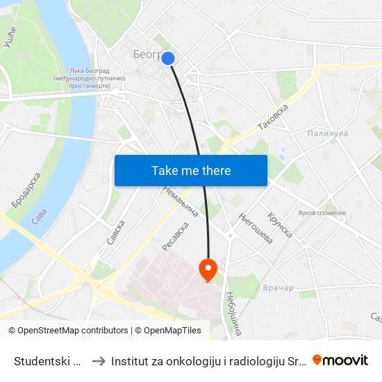 Studentski Trg to Institut za onkologiju i radiologiju Srbije map