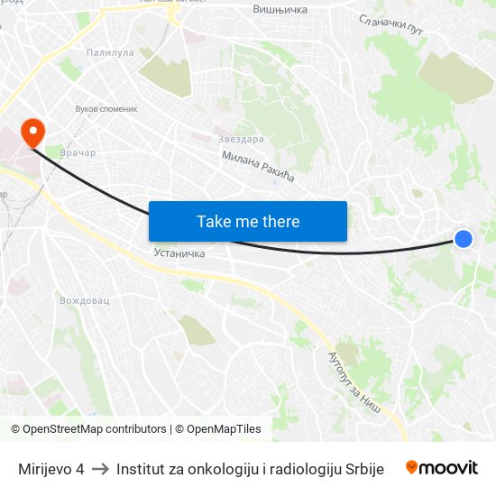 Mirijevo 4 to Institut za onkologiju i radiologiju Srbije map