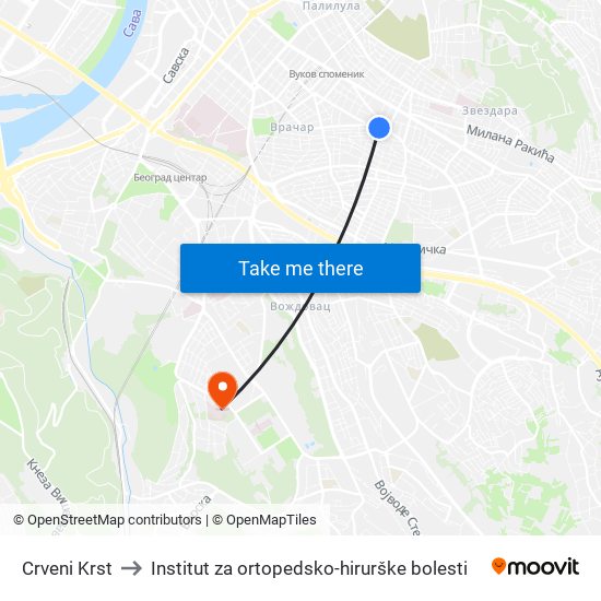 Crveni Krst to Institut za ortopedsko-hirurške bolesti map