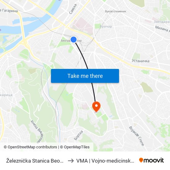 Železnička Stanica Beograd Centar to VMA | Vojno-medicinska akademija map