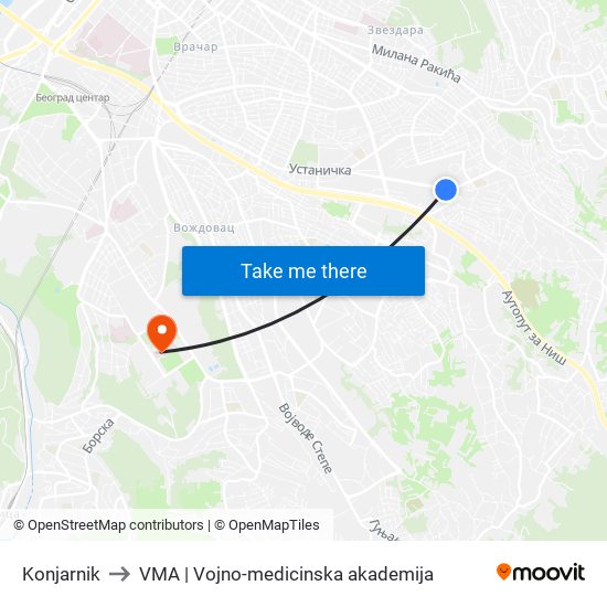 Konjarnik to VMA | Vojno-medicinska akademija map