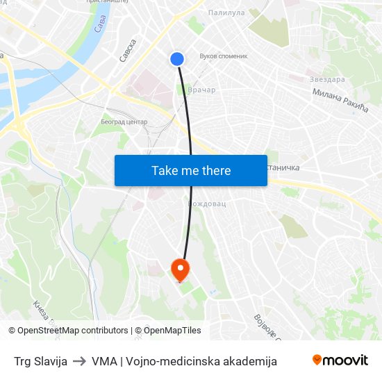 Trg Slavija to VMA | Vojno-medicinska akademija map