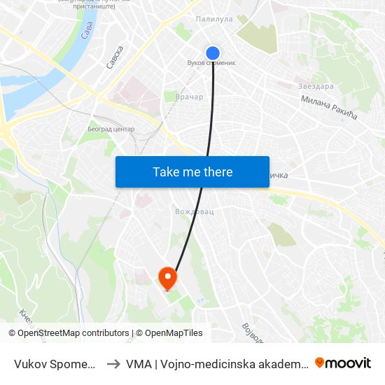 Vukov Spomenik to VMA | Vojno-medicinska akademija map