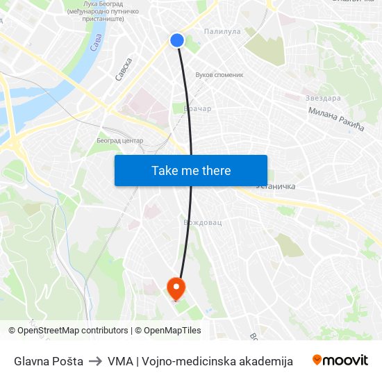 Glavna Pošta to VMA | Vojno-medicinska akademija map