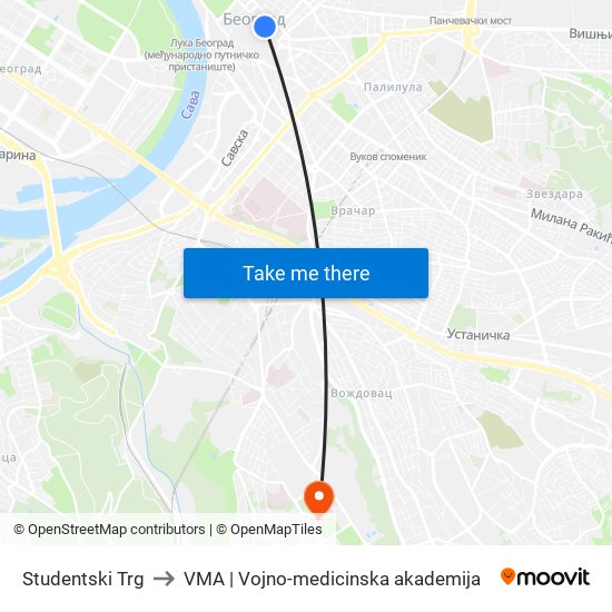 Studentski Trg to VMA | Vojno-medicinska akademija map