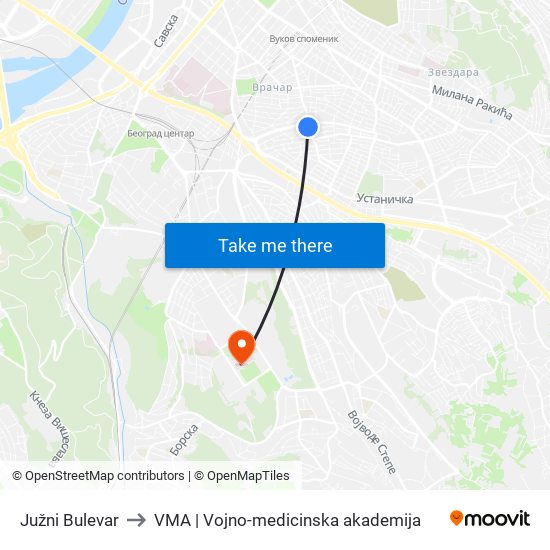 Južni Bulevar to VMA | Vojno-medicinska akademija map