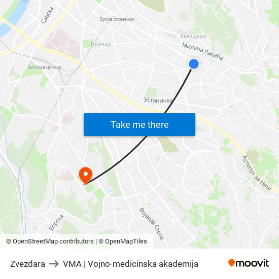 Zvezdara to VMA | Vojno-medicinska akademija map