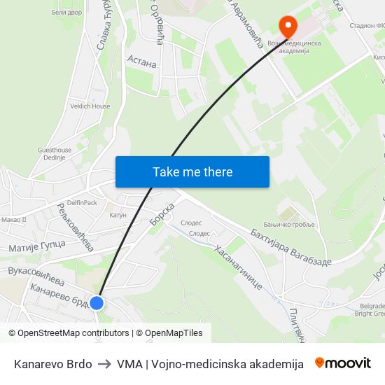 Kanarevo Brdo to VMA | Vojno-medicinska akademija map