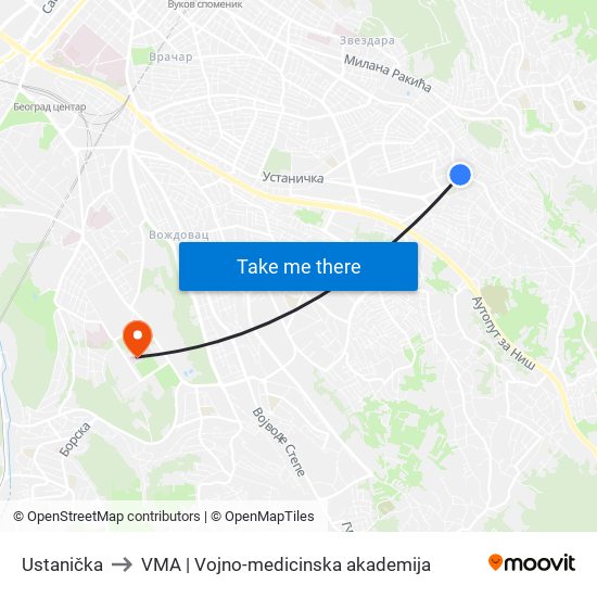 Ustanička to VMA | Vojno-medicinska akademija map