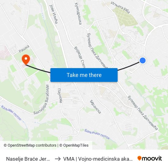 Naselje Braće Jerković to VMA | Vojno-medicinska akademija map