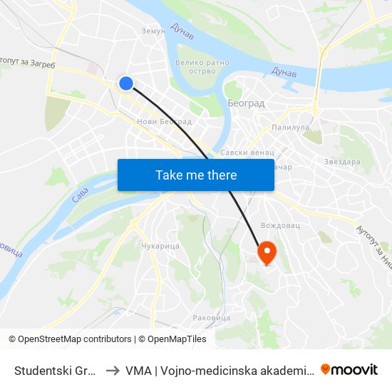 Studentski Grad to VMA | Vojno-medicinska akademija map