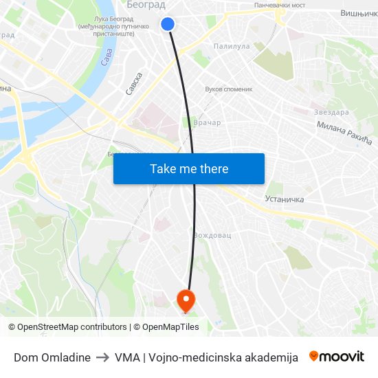 Dom Omladine to VMA | Vojno-medicinska akademija map