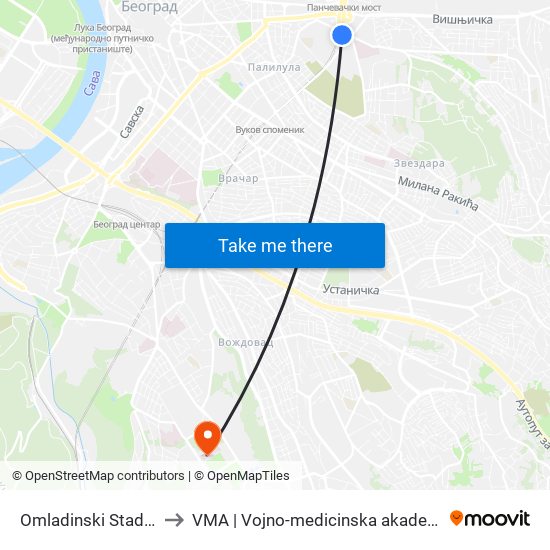 Omladinski Stadion to VMA | Vojno-medicinska akademija map