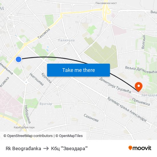 Rk Beograđanka to Кбц ""Звездара"" map