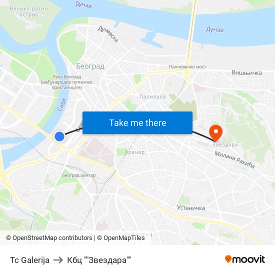Tc Galerija to Кбц ""Звездара"" map