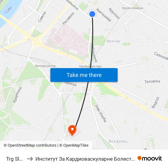 Trg Slavija to Институт За Кардиоваскуларне Болести ""Дедиње"" map