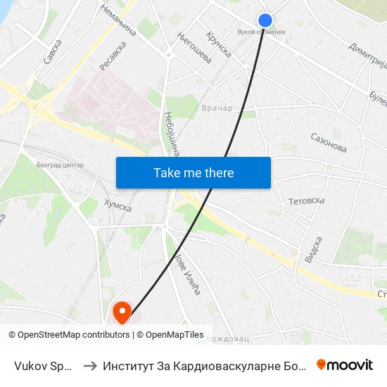 Vukov Spomenik to Институт За Кардиоваскуларне Болести ""Дедиње"" map