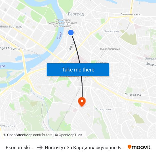 Ekonomski Fakultet to Институт За Кардиоваскуларне Болести ""Дедиње"" map