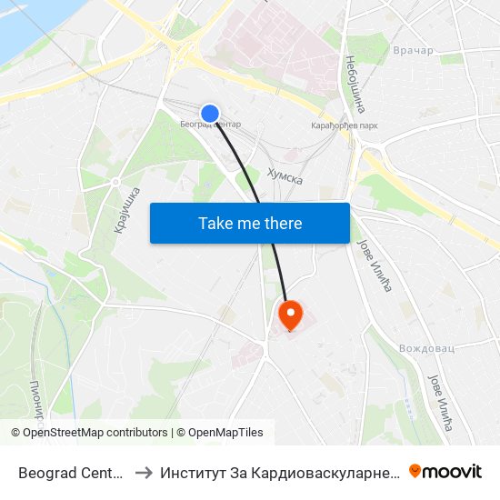 Beograd Centar - Prokop to Институт За Кардиоваскуларне Болести ""Дедиње"" map