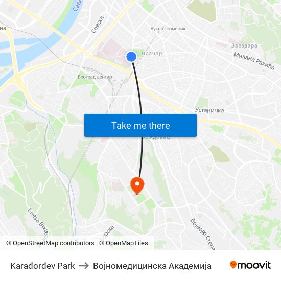 Karađorđev Park to Војномедицинска Академија map