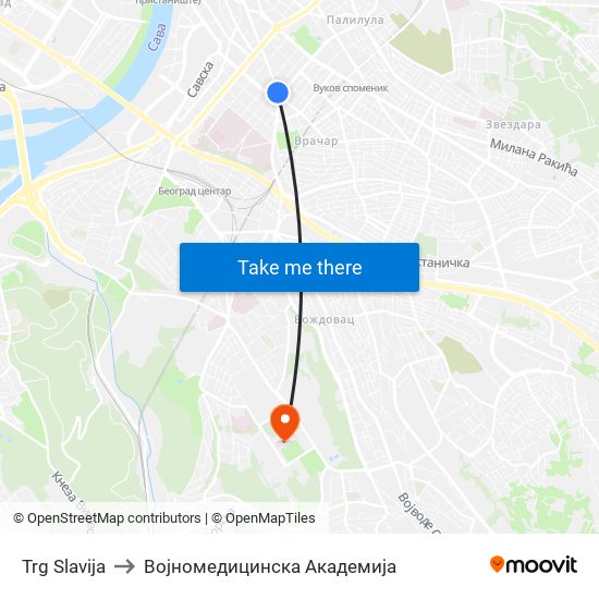 Trg Slavija to Војномедицинска Академија map