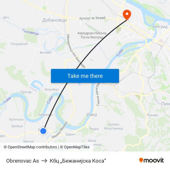Obrenovac Аs to Кбц „Бежанијска Коса“ map