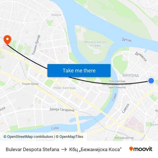 Bulevar Despota Stefana to Кбц „Бежанијска Коса“ map
