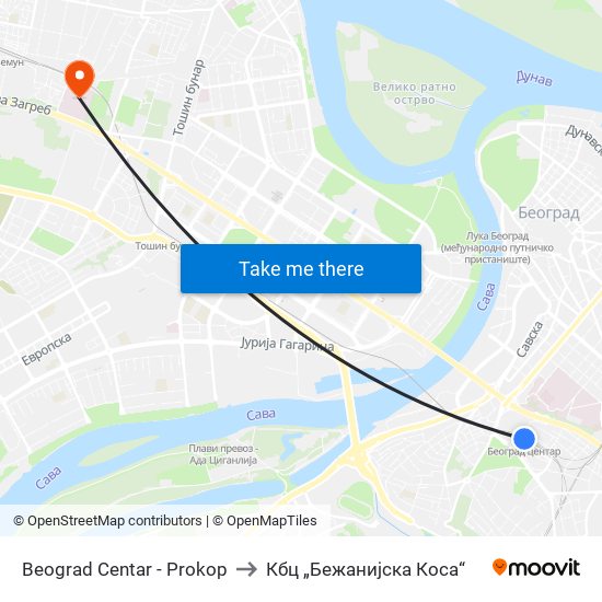 Beograd Centar - Prokop to Кбц „Бежанијска Коса“ map