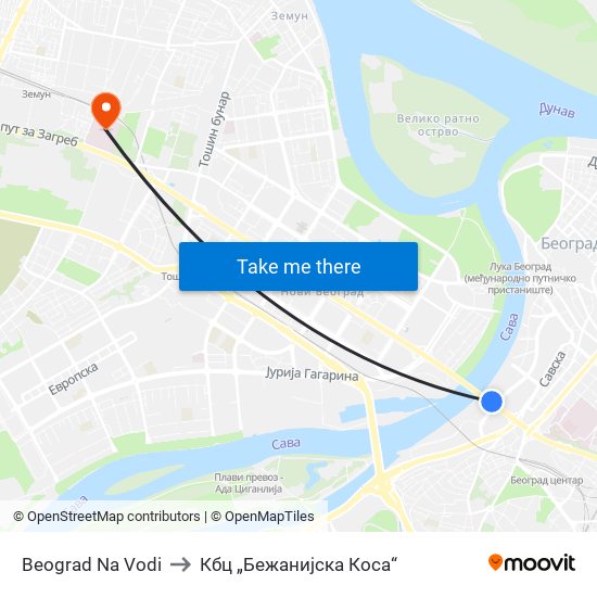 Beograd Na Vodi to Кбц „Бежанијска Коса“ map