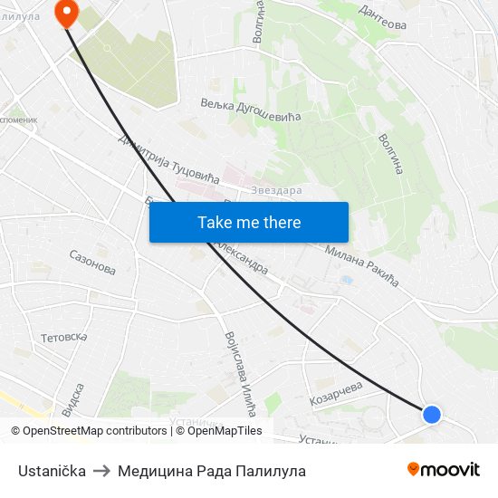 Ustanička to Медицина Рада Палилула map