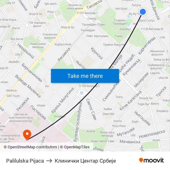 Palilulska Pijaca to Клинички Центар Србије map
