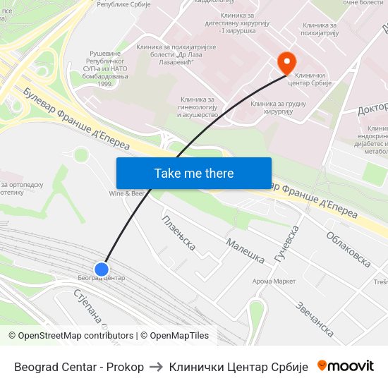 Beograd Centar - Prokop to Клинички Центар Србије map