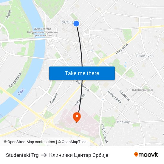 Studentski Trg to Клинички Центар Србије map