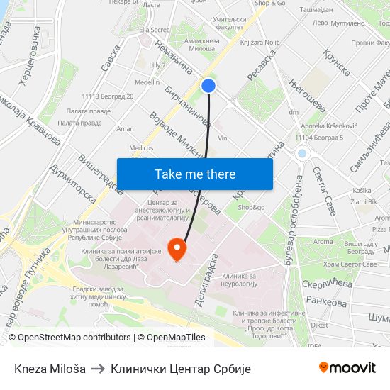 Kneza Miloša to Клинички Центар Србије map