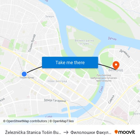 Železnička Stanica Tošin Bunar to Филолошки Факултет map