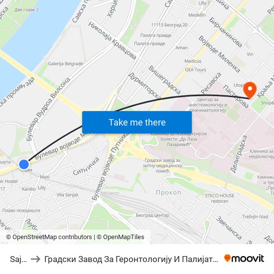 Sajam to Градски Завод За Геронтологију И Палијативно Збрињавање map
