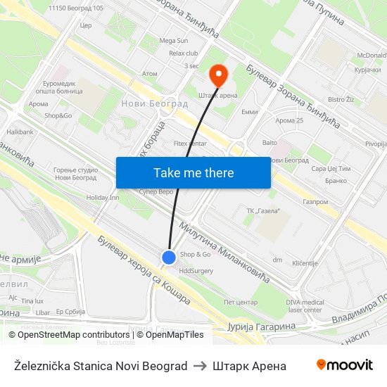 Železnička Stanica Novi Beograd to Штарк Арена map