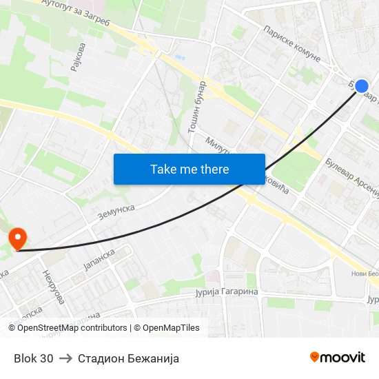 Blok 30 to Стадион Бежанија map