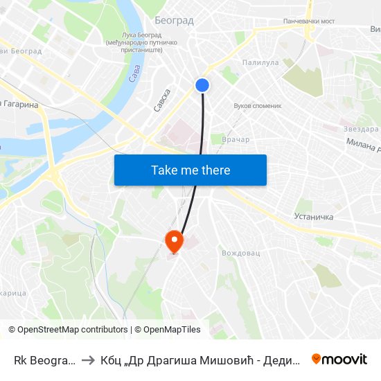 Rk Beograđanka to Кбц „Др Драгиша Мишовић - Дедиње“ Комплекс Б map