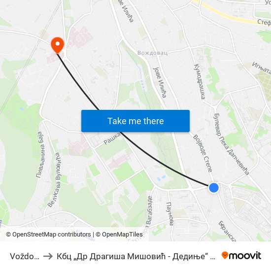 Voždovac to Кбц „Др Драгиша Мишовић - Дедиње“ Комплекс Б map