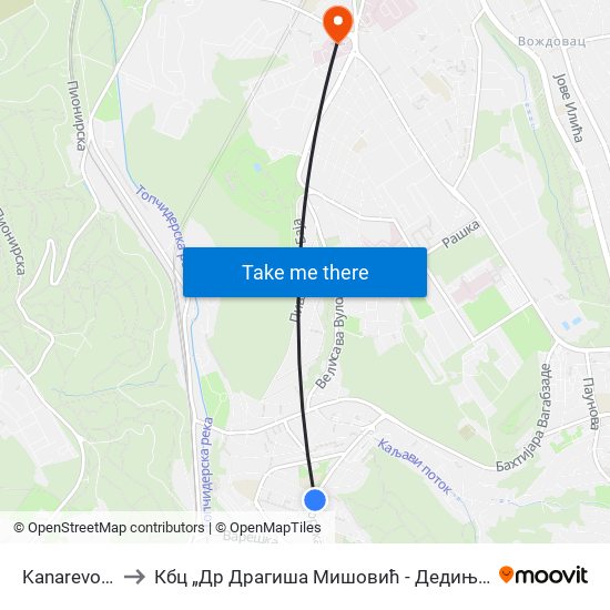 Kanarevo Brdo to Кбц „Др Драгиша Мишовић - Дедиње“ Комплекс Б map